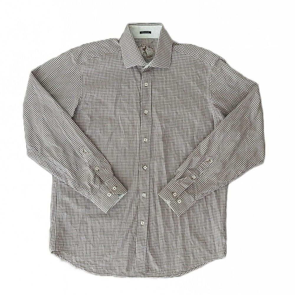 Bugatchi Classic‎ Fit Mens Size L Button Down Shirt Brown Gingham Long Sleeve